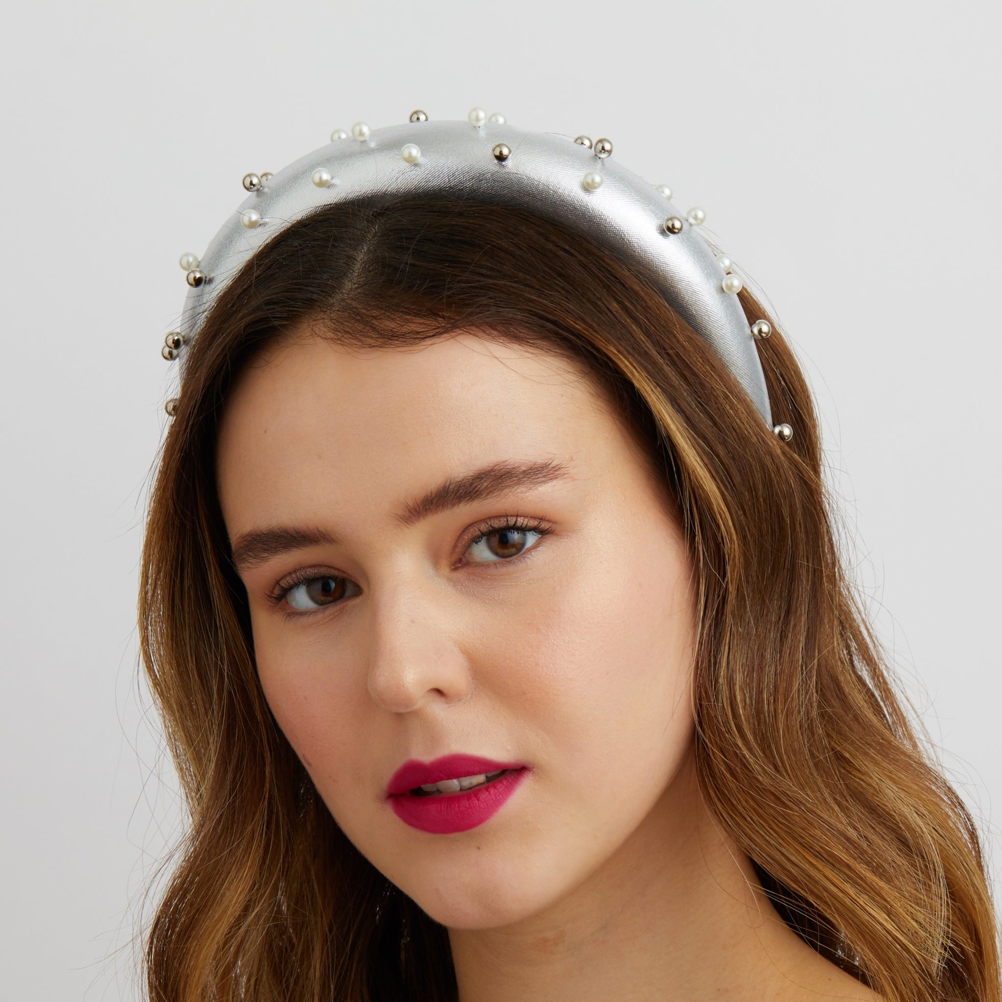 QueenMee Silver Padded Headband with Pearls