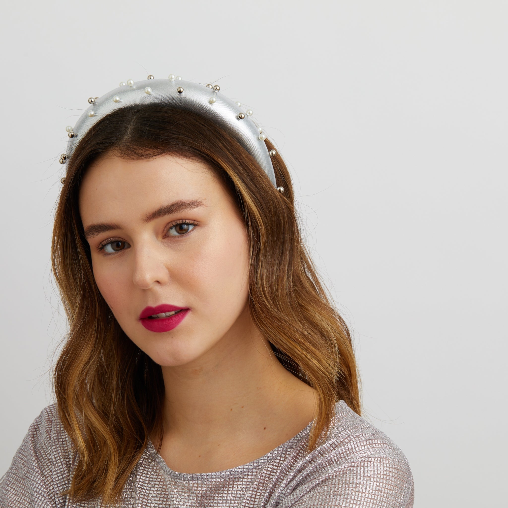 QueenMee Silver Padded Headband with Pearls