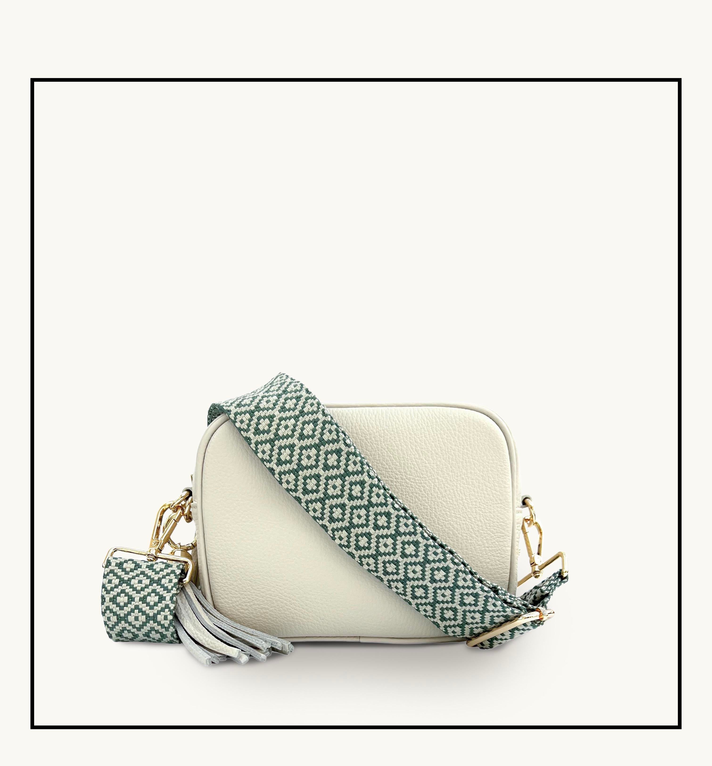 Apatchy London The Tassel Stone Leather Crossbody Bag With Pistachio Cross-Stitch Strap