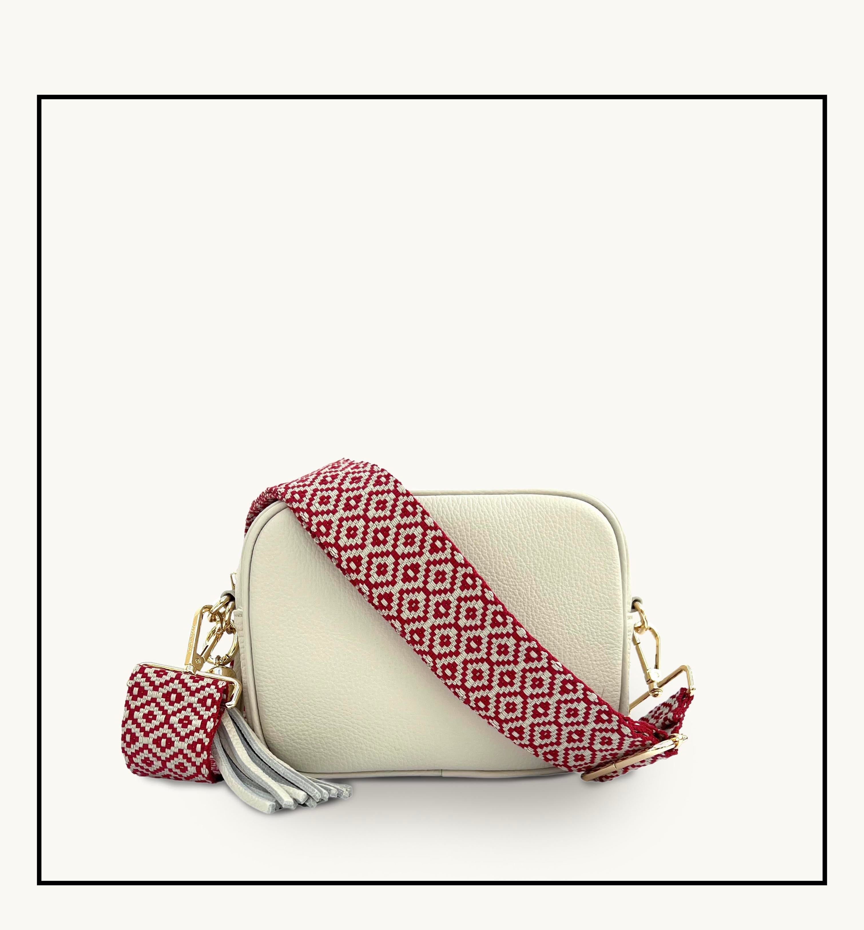 Apatchy London The Tassel Stone Leather Crossbody Bag With Red Cross-Stitch Strap