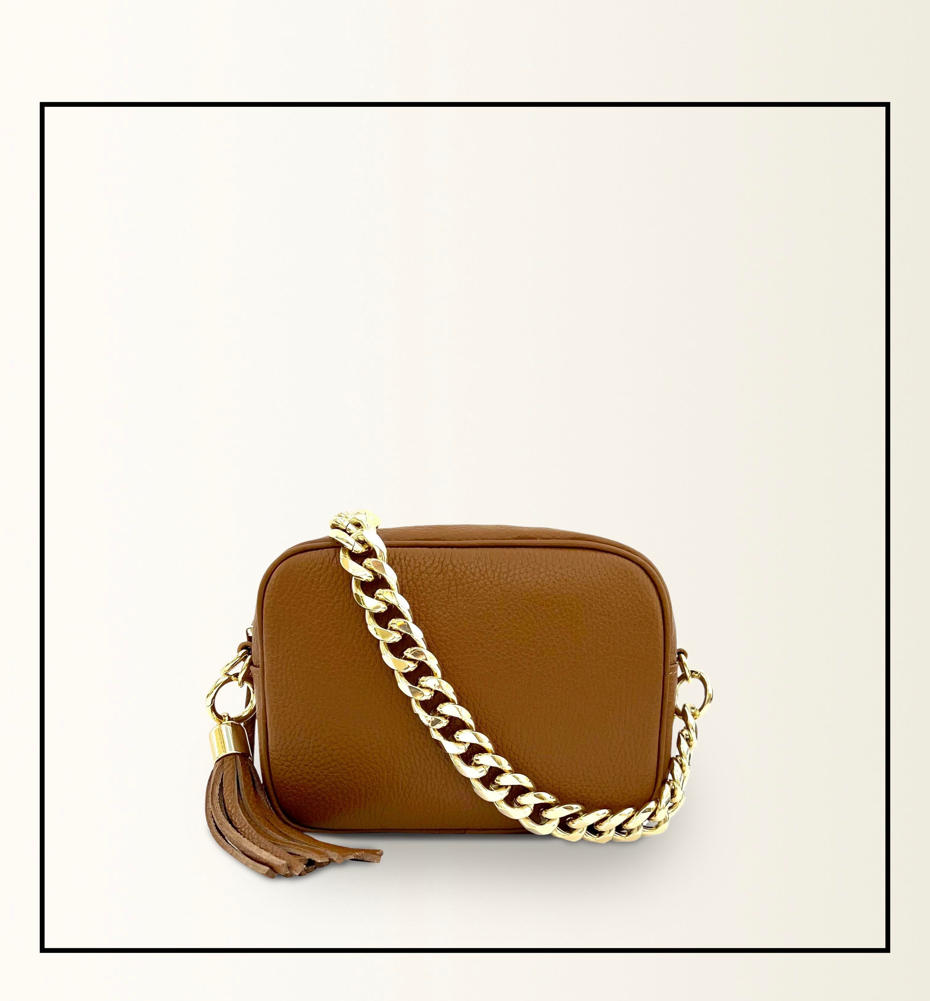 Apatchy London The Tassel Tan Leather Crossbody Bag With Gold Chain Strap