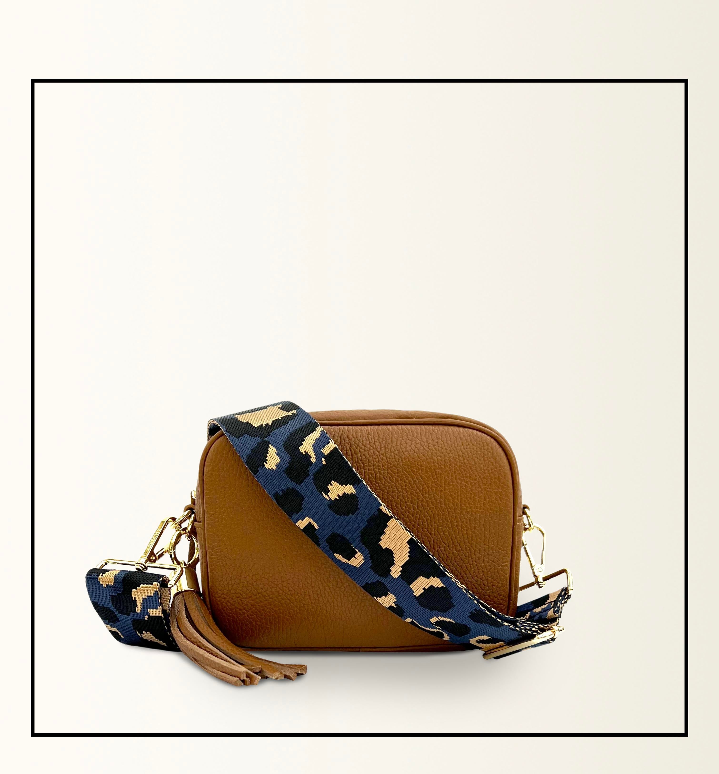 Apatchy London The Tassel Tan Leather Crossbody Bag With Navy Leopard Strap