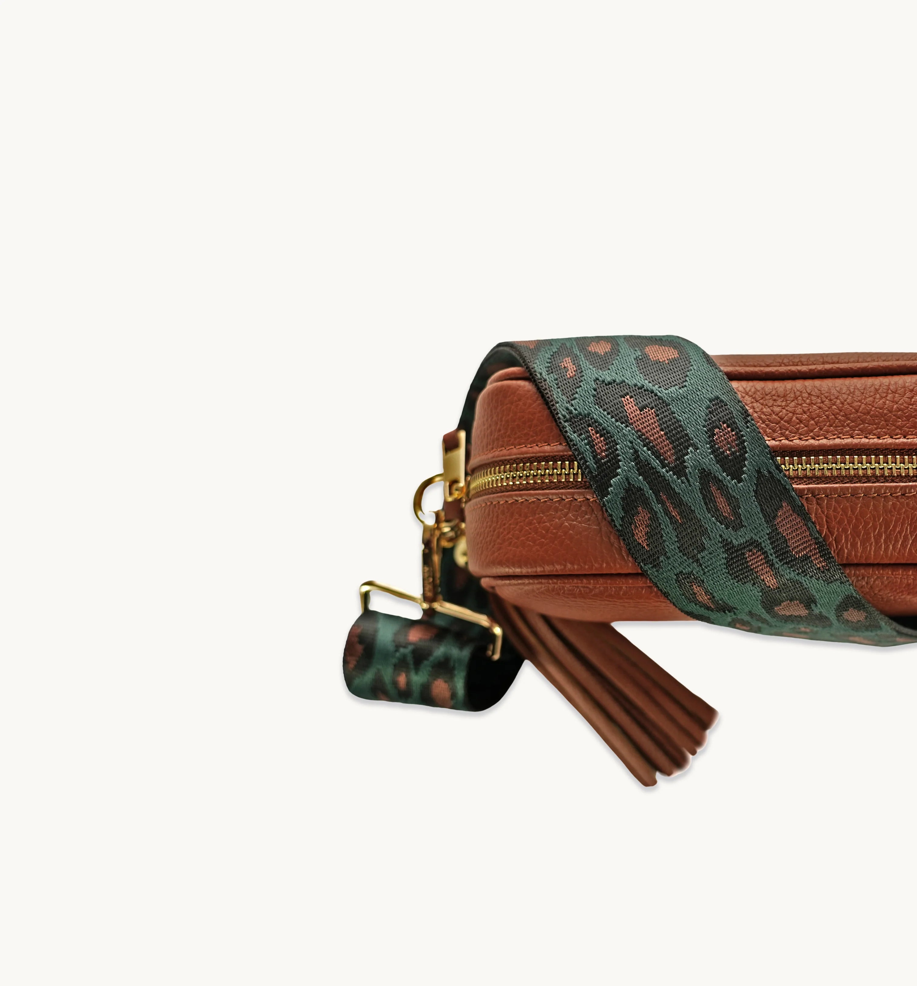 Apatchy London The Tassel Tan Leather Crossbody Bag With Teal Cheetah Strap