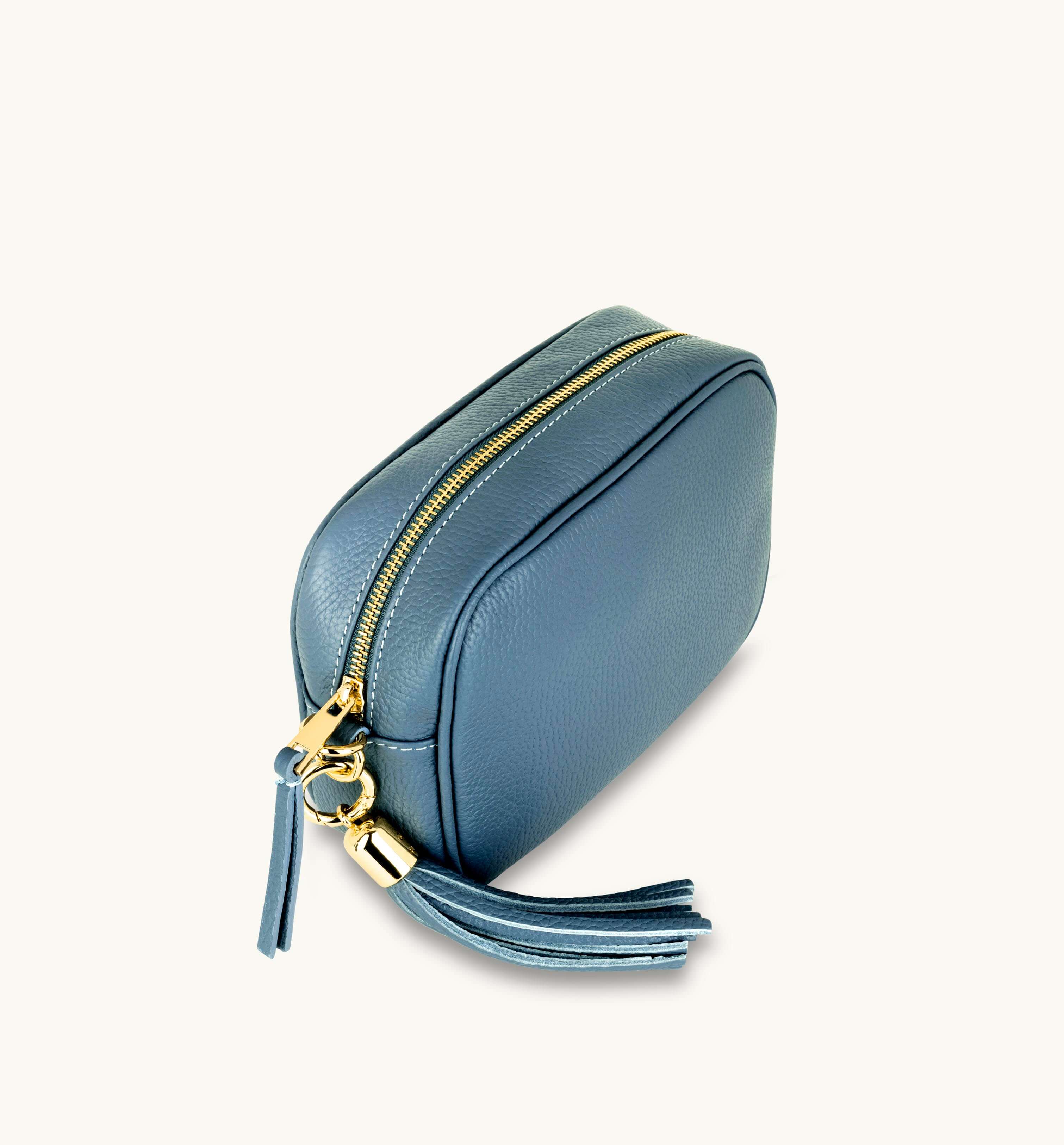 Apatchy London The Tassel Denim Blue Leather Crossbody Bag With Gold Chain Strap