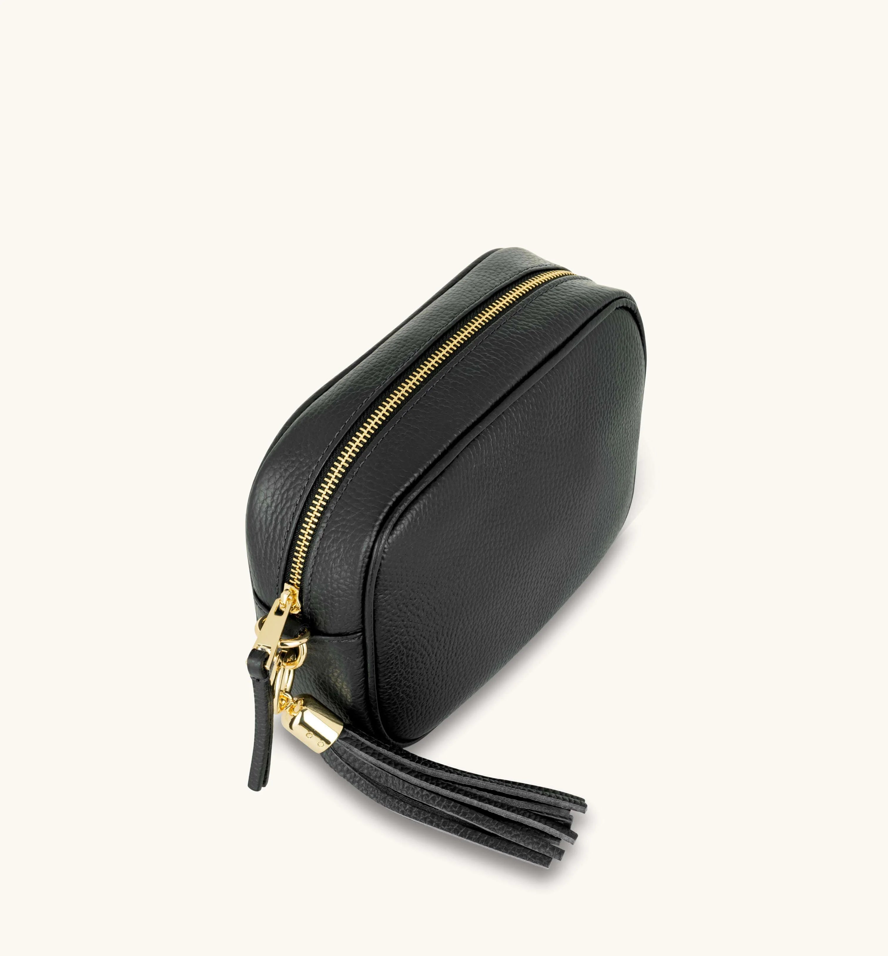 Apatchy London The Tassel Black Leather Crossbody Bag With Tan Stripe Strap