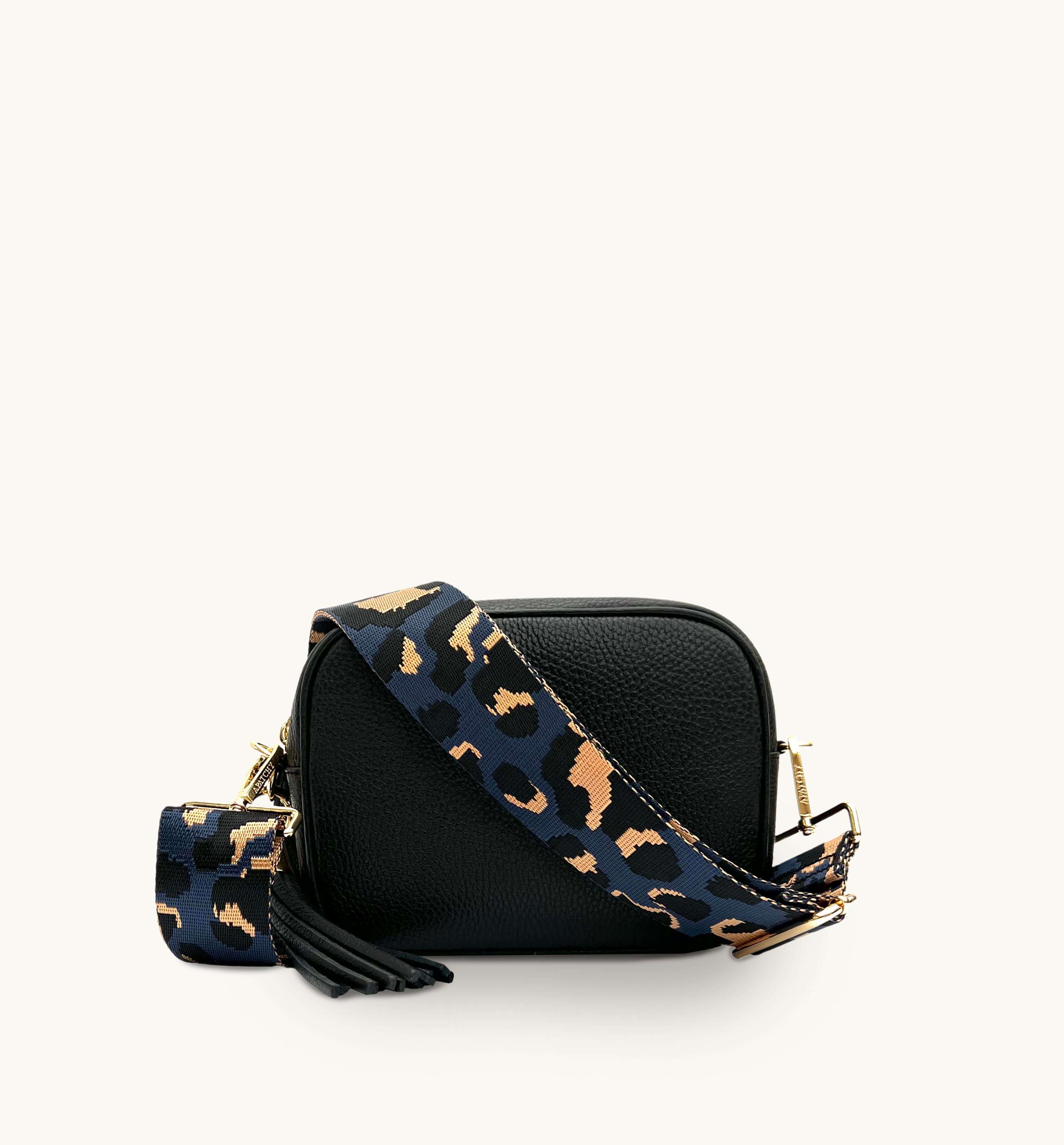 Apatchy London The Tassel  Leather Crossbody Bag With Navy Leopard Strap