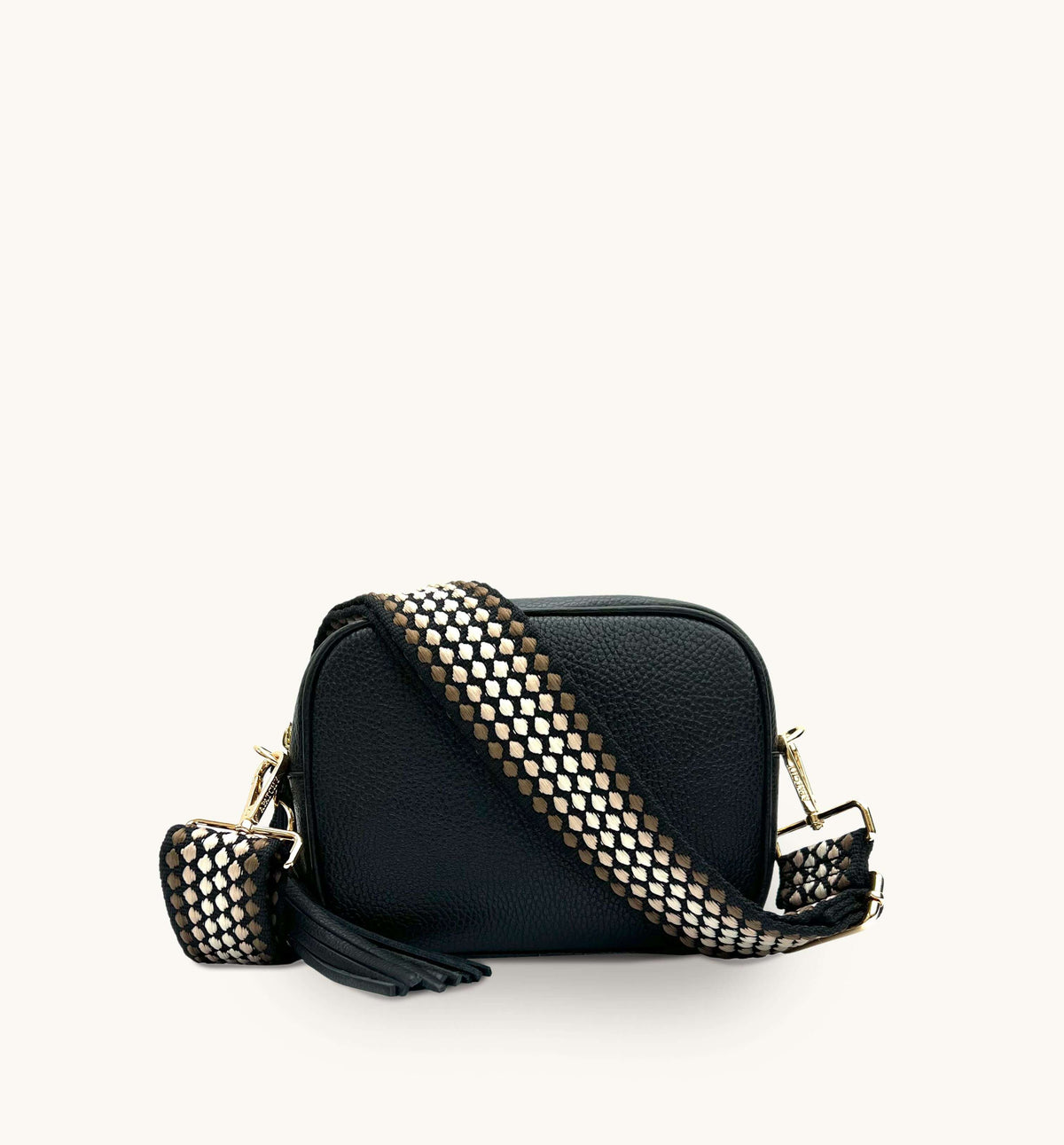 Apatchy London The Tassel Black Leather Crossbody Bag With Cappuccino Dots Strap