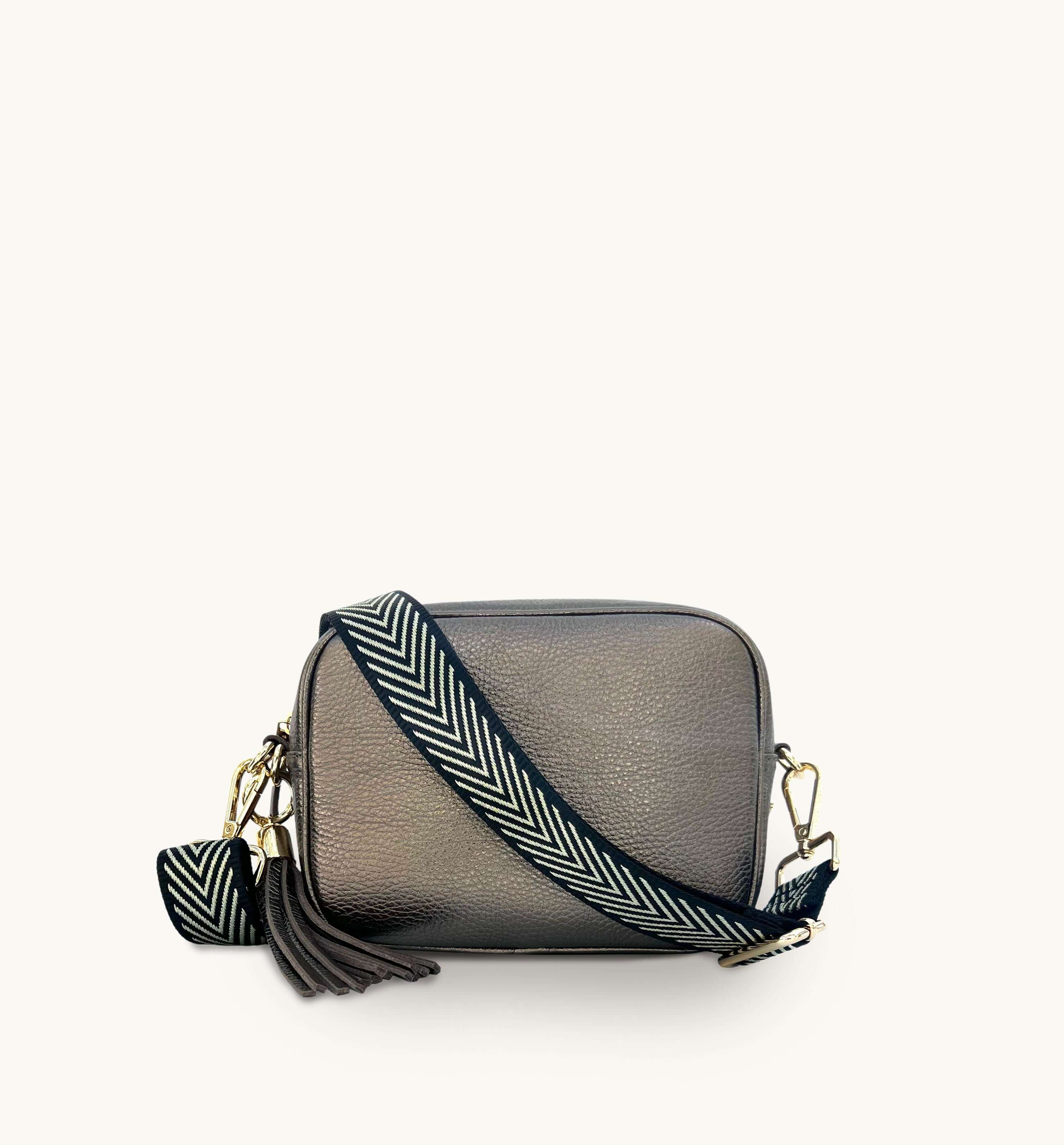 Apatchy London The Tassel  Leather Crossbody Bag With Black & Gold Chevron Strap