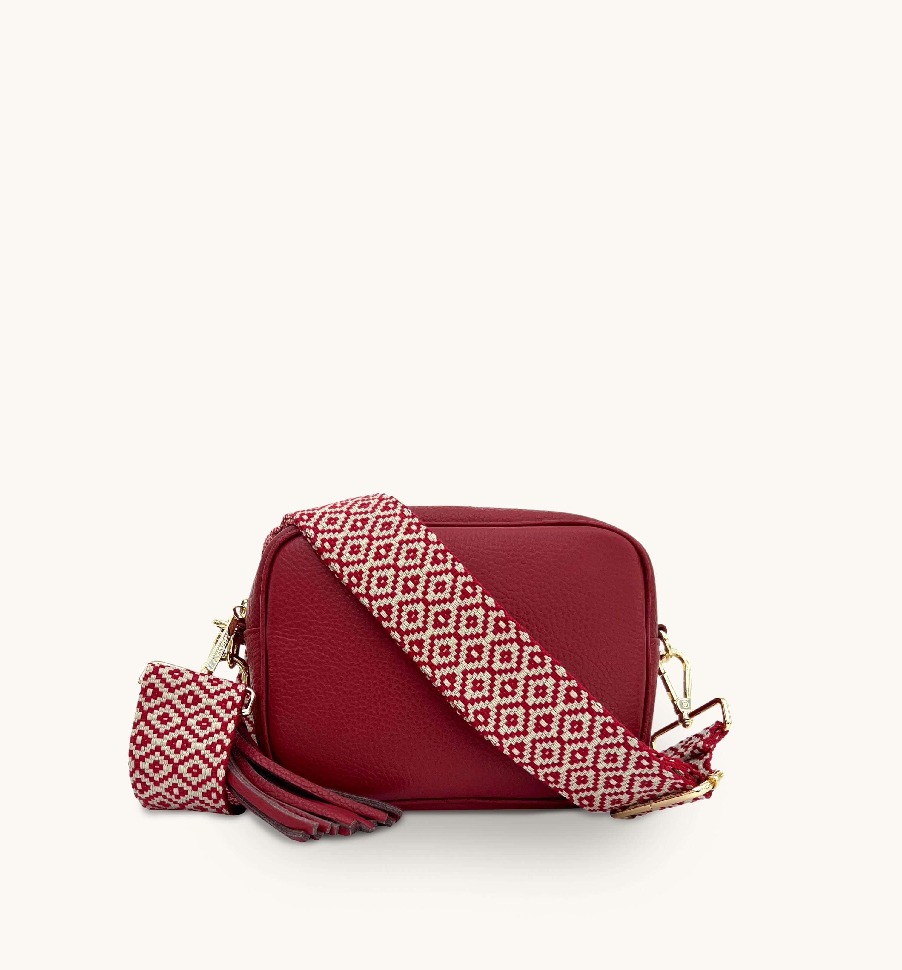 Apatchy London The Tassel Cherry  Leather Crossbody Bag With  Cross-Stitch Strap