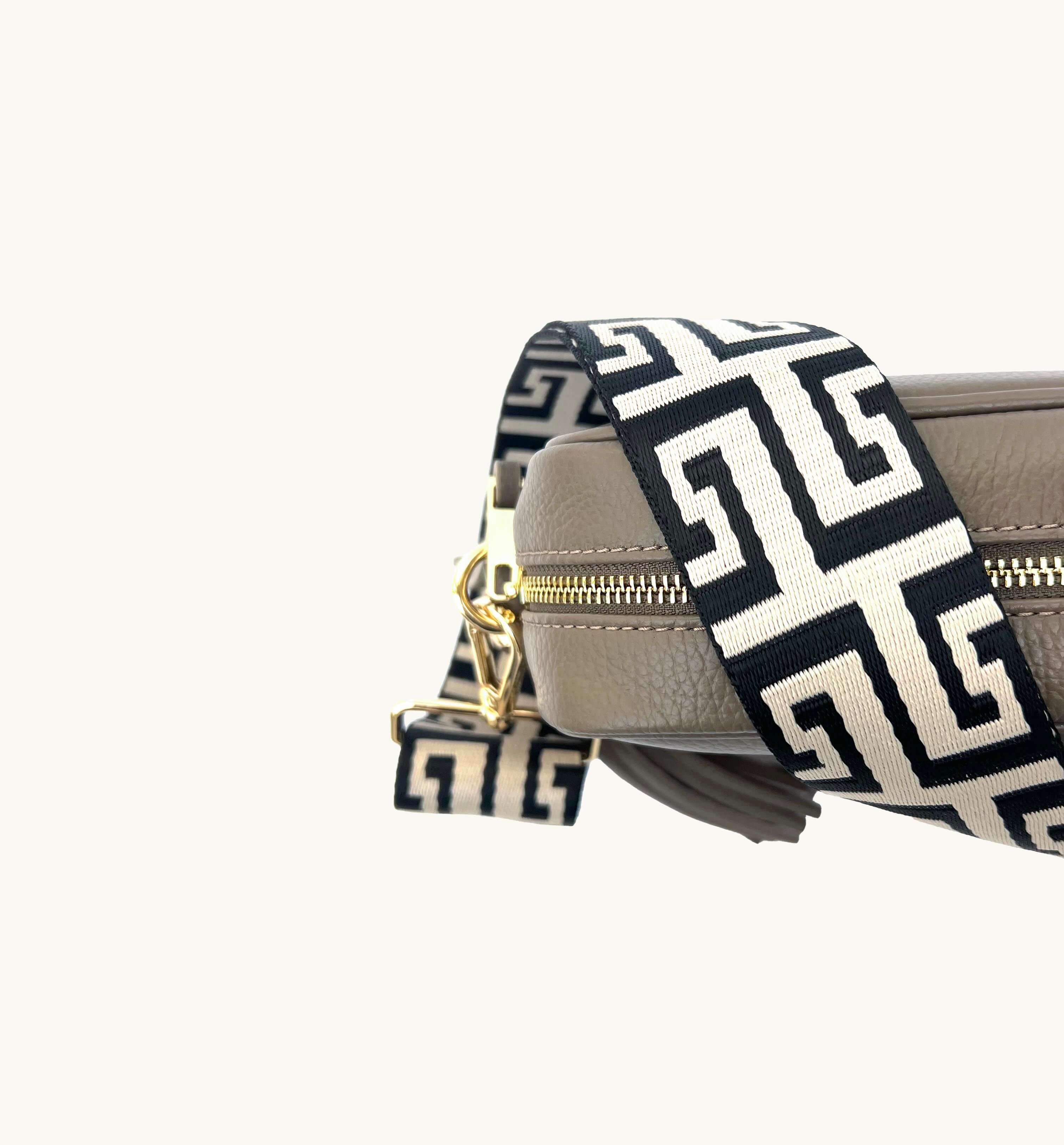 Apatchy London The Tassel Latte Leather Crossbody Bag With Black & Stone Maze Strap