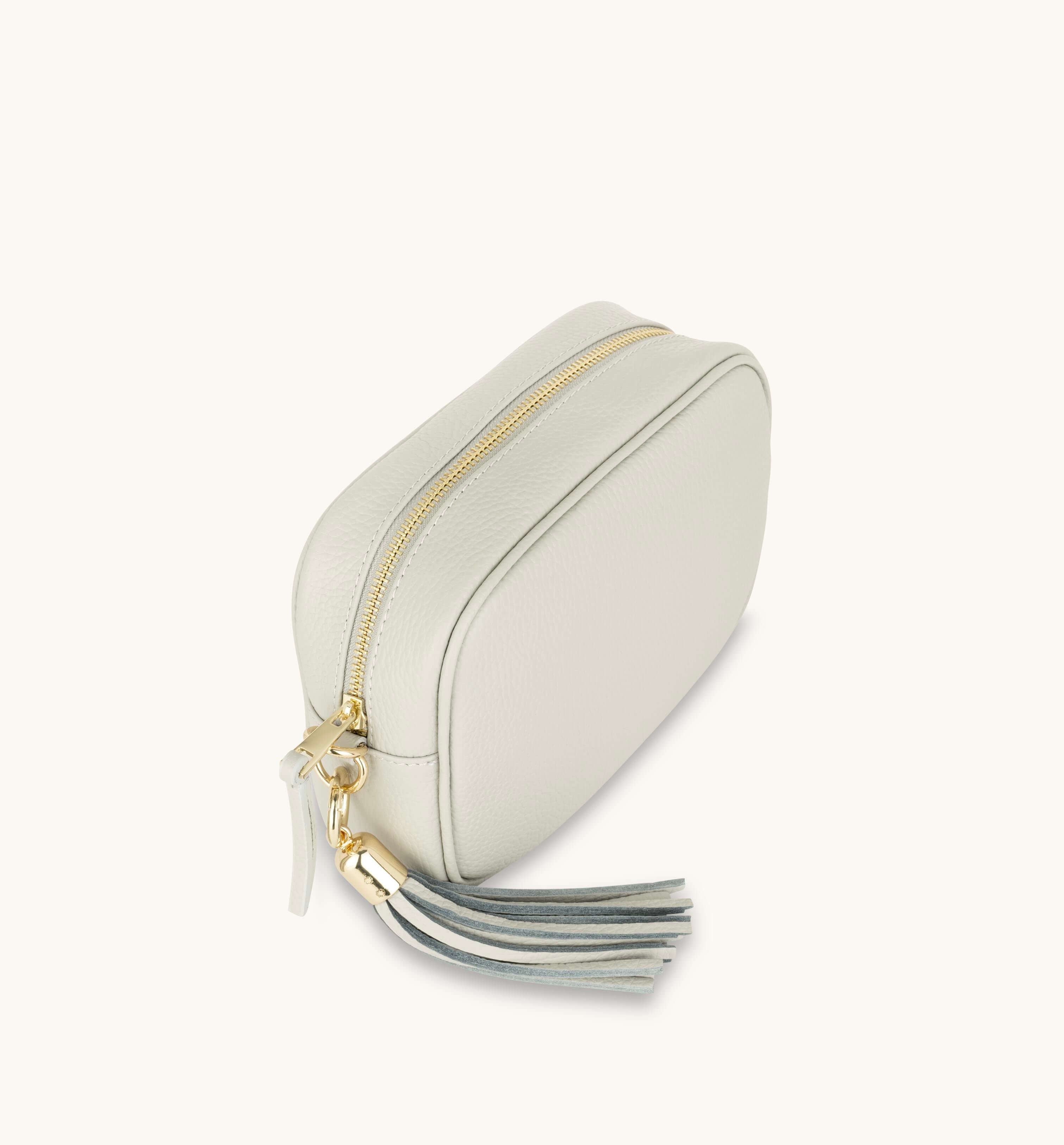 Apatchy London The Tassel Light Grey Leather Crossbody Bag With Gold Chain Strap