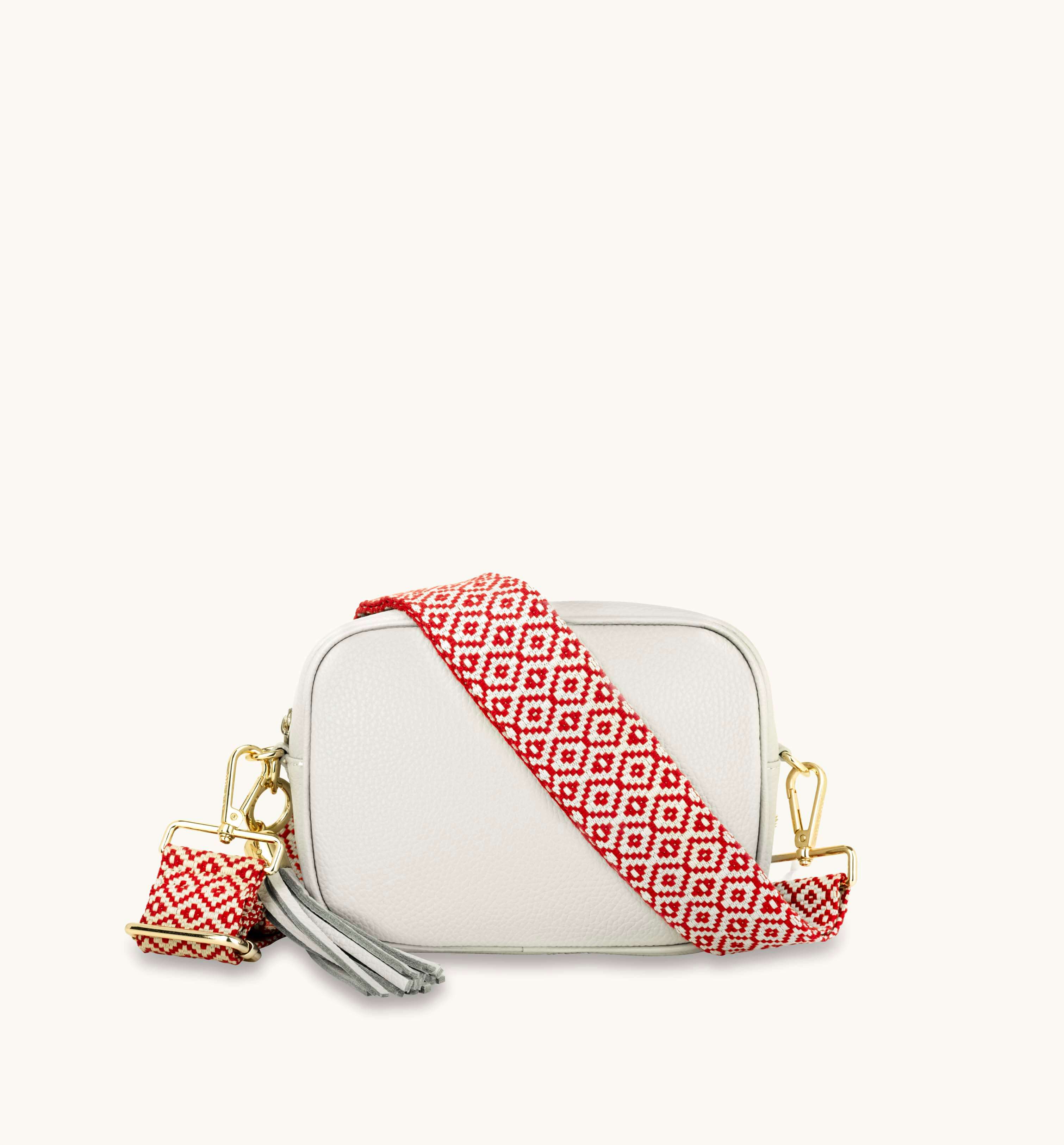 Apatchy London The Tassel Light  Leather Crossbody Bag With Red Cross-Stitch Strap
