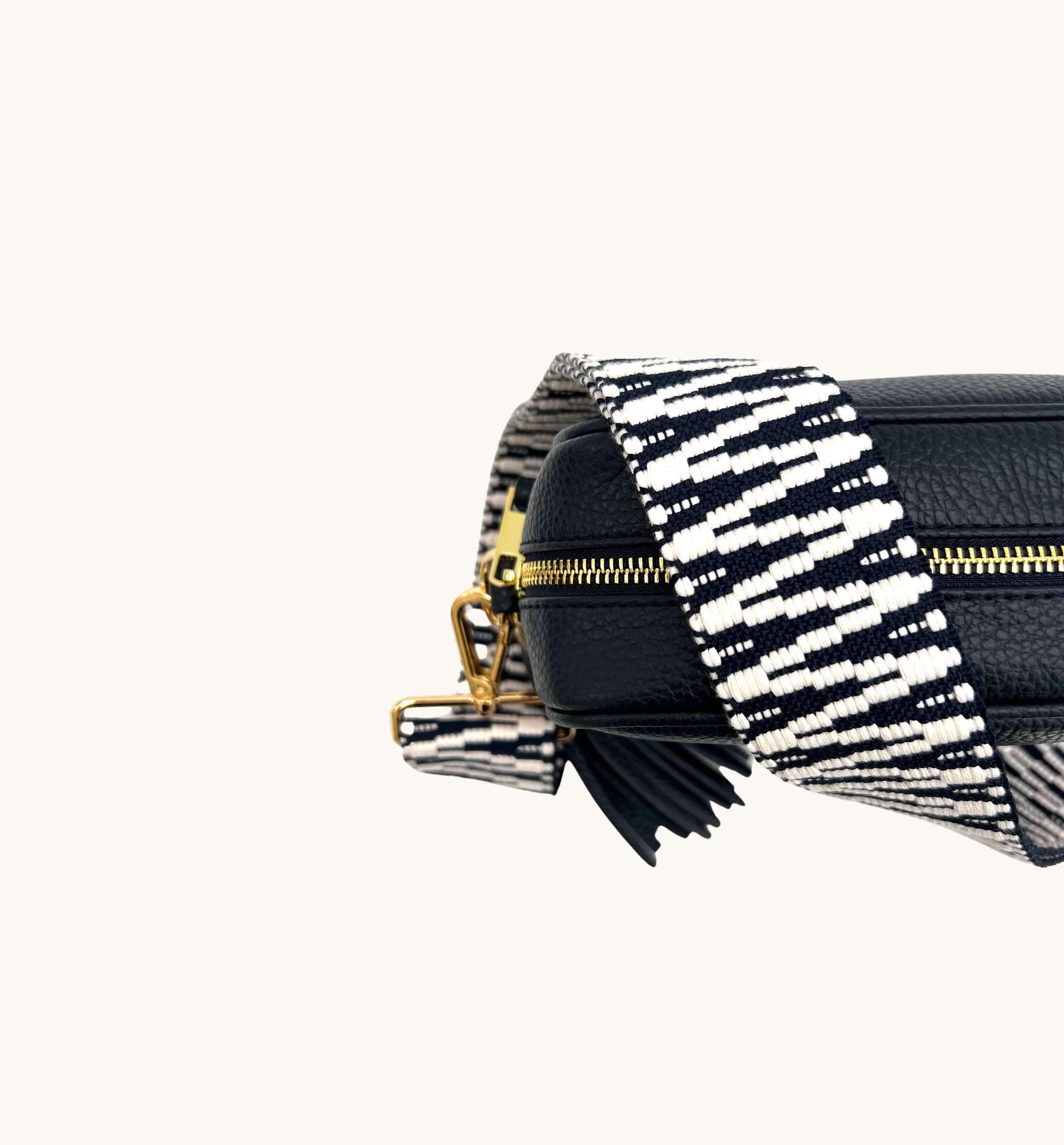 Apatchy London The Tassel Navy Leather Crossbody Bag With Navy & White ZigZag Strap