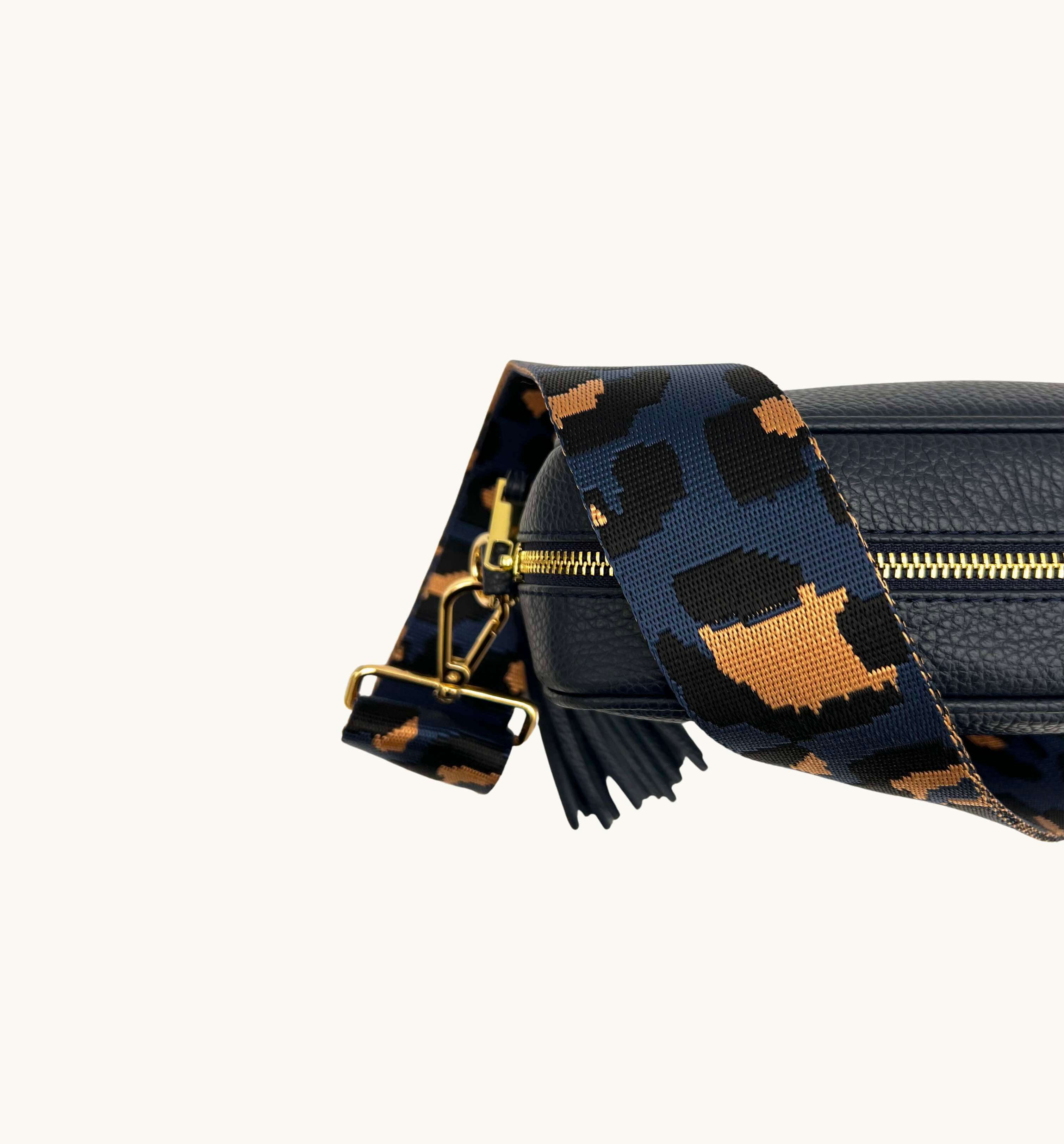Apatchy London The Tassel Navy Leather Crossbody Bag With Navy Leopard Strap