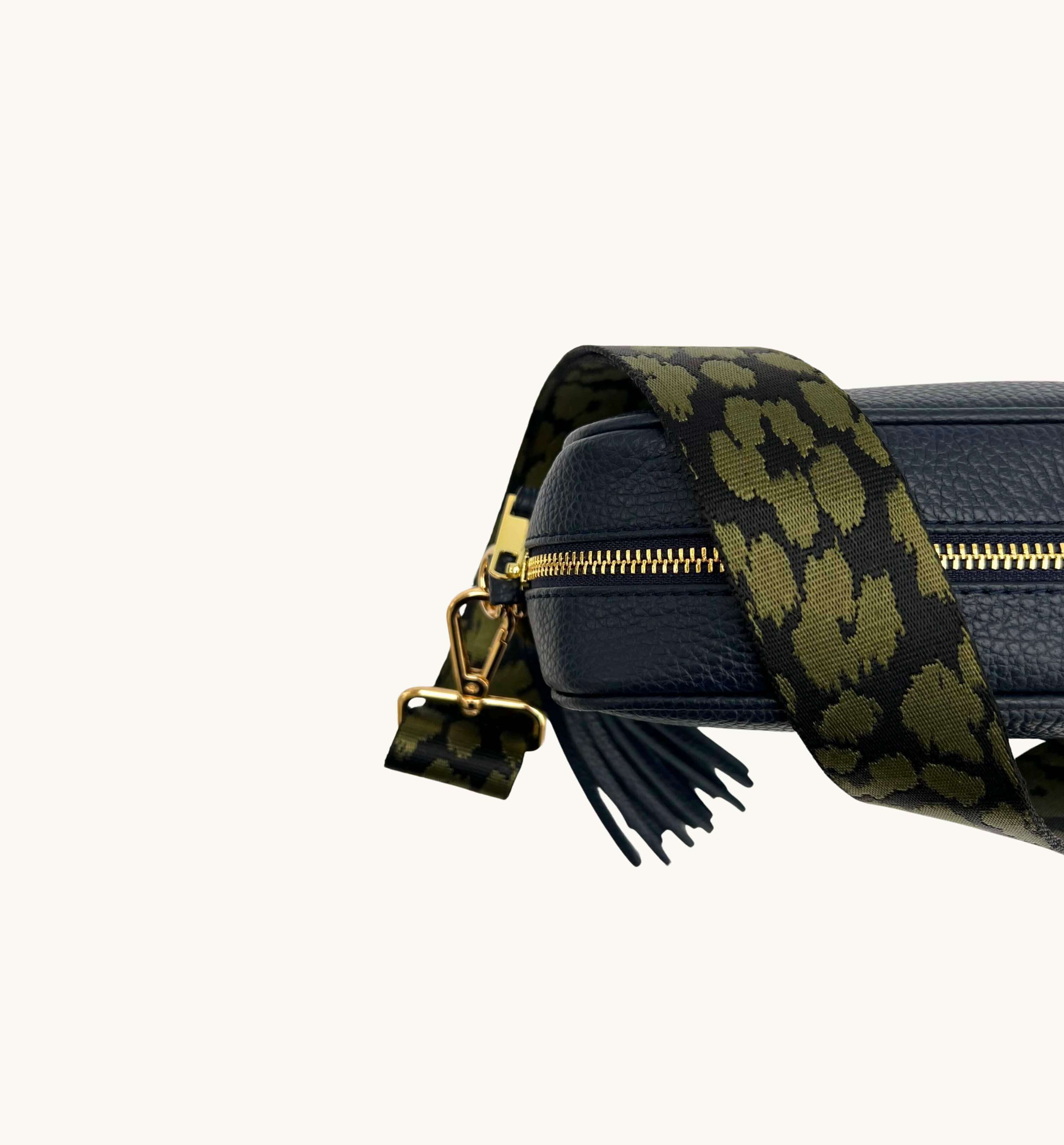 Apatchy London The Tassel Navy Leather Crossbody Bag With Olive Green Cheetah Strap