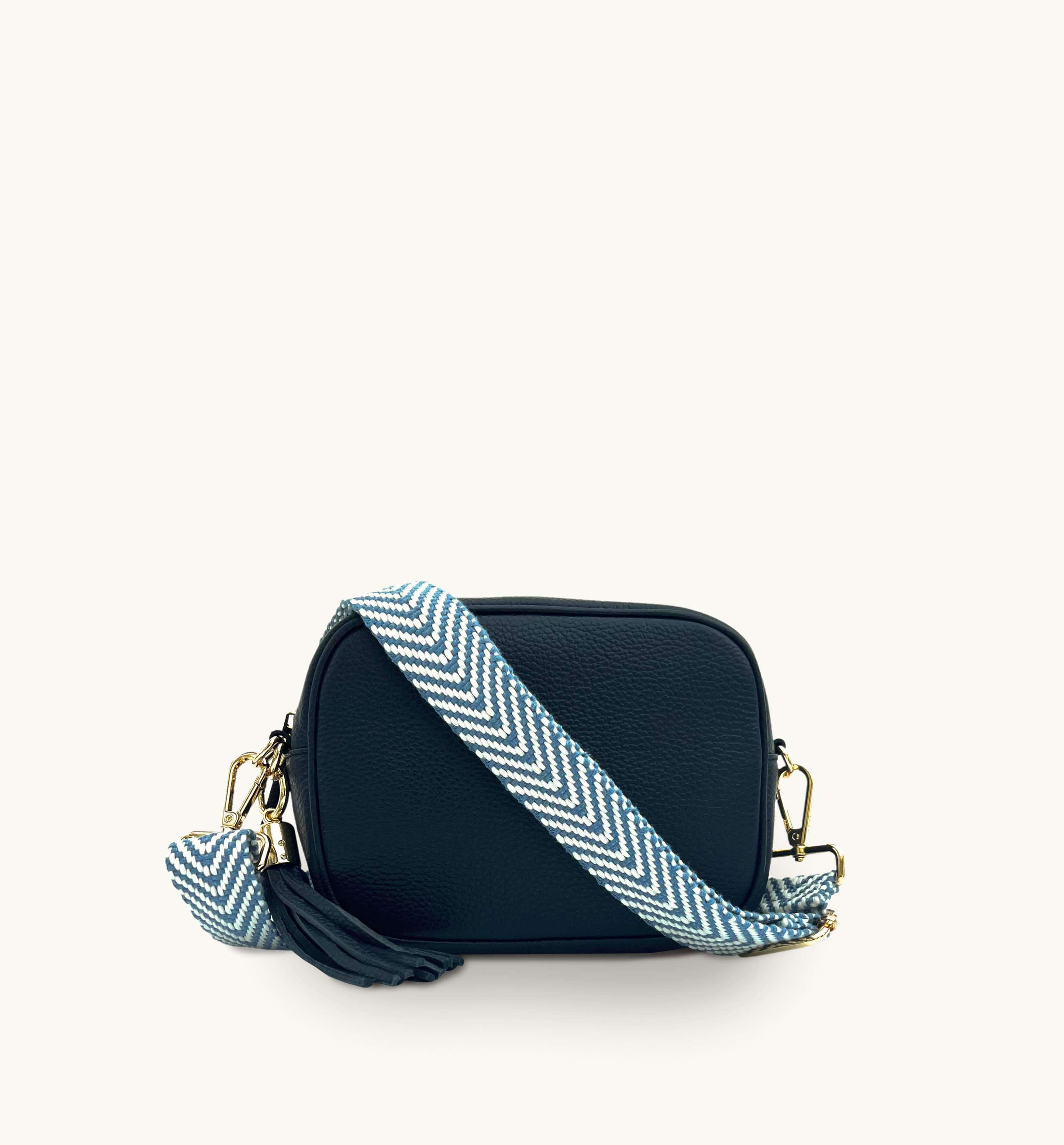 Apatchy London The Tassel Navy Leather Crossbody Bag With Denim  Chevron Strap
