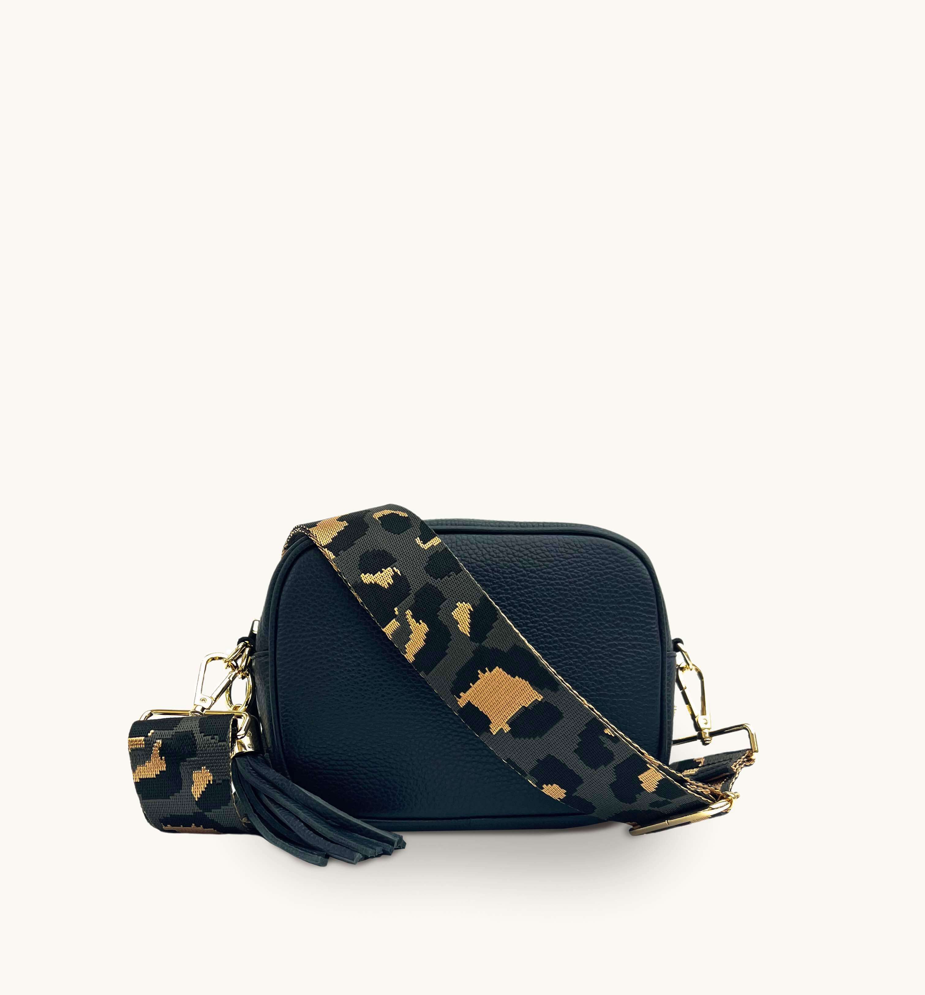 Apatchy London The Tassel Navy Leather Crossbody Bag With Grey Leopard Strap