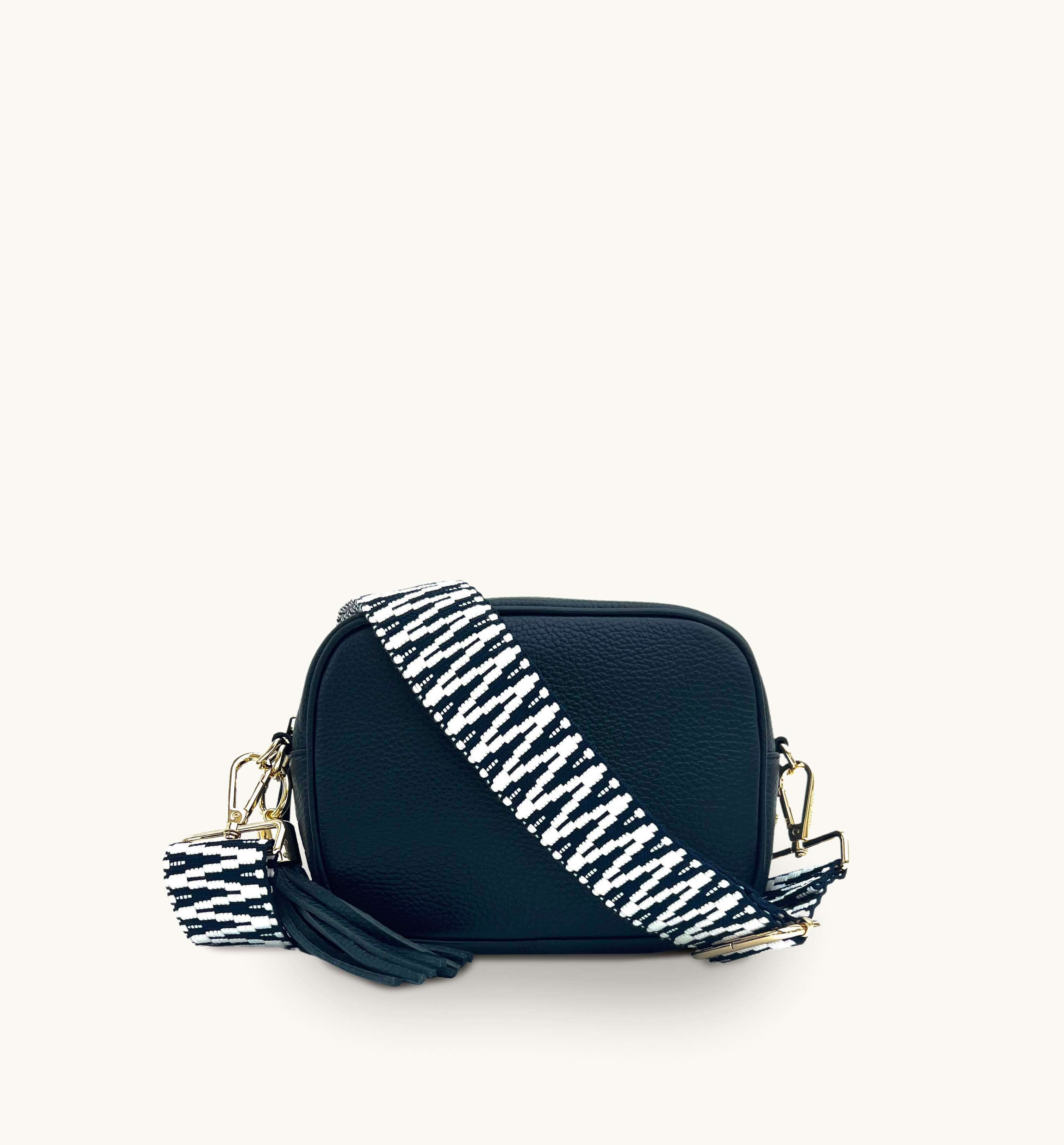 Apatchy London The Tassel Navy Leather Crossbody Bag With Navy & White ZigZag Strap