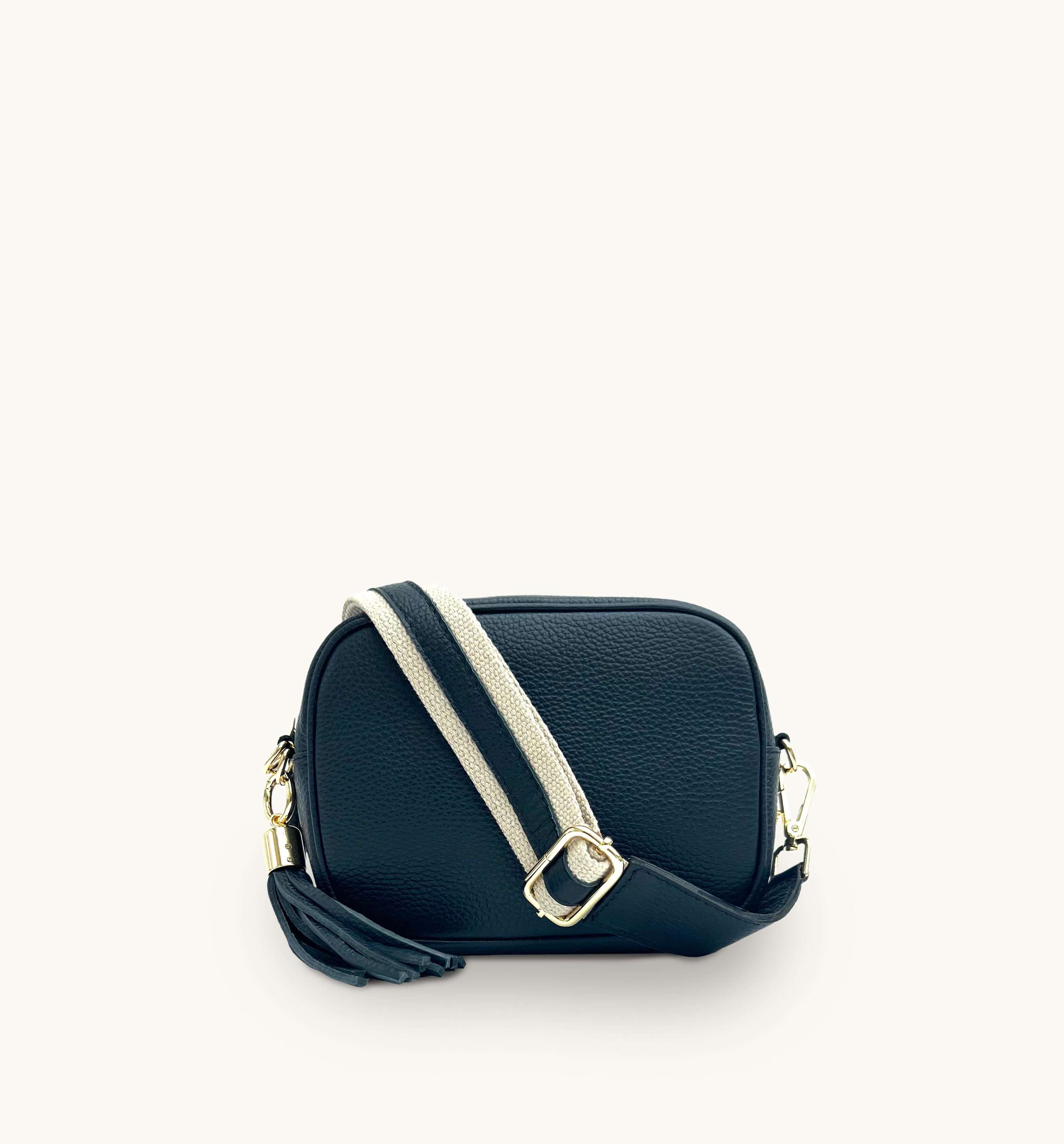 Apatchy London The Tassel Navy Leather Crossbody Bag With Leather & Canvas Strap