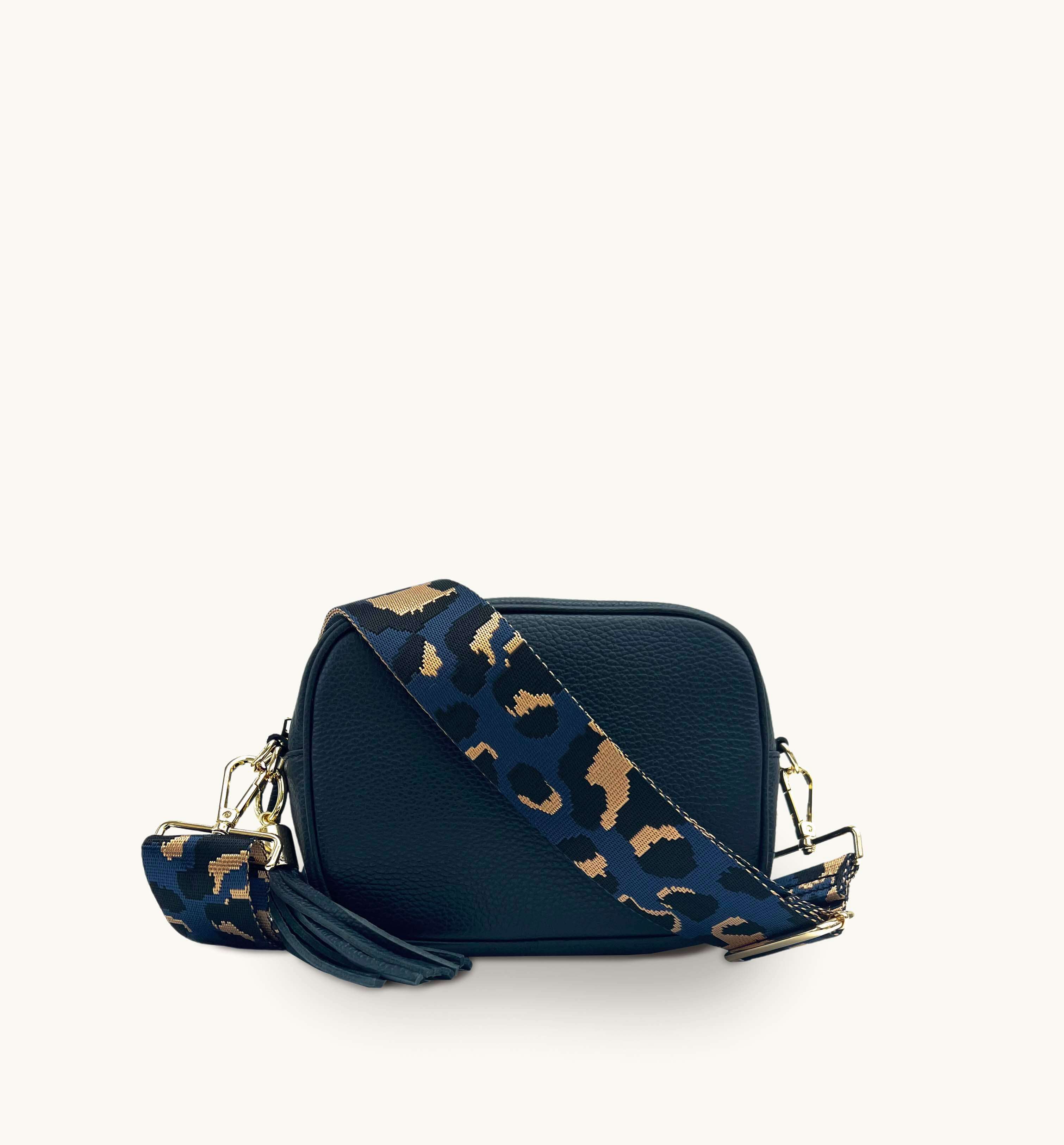 Apatchy London The Tassel Navy Leather Crossbody Bag With Navy Leopard Strap