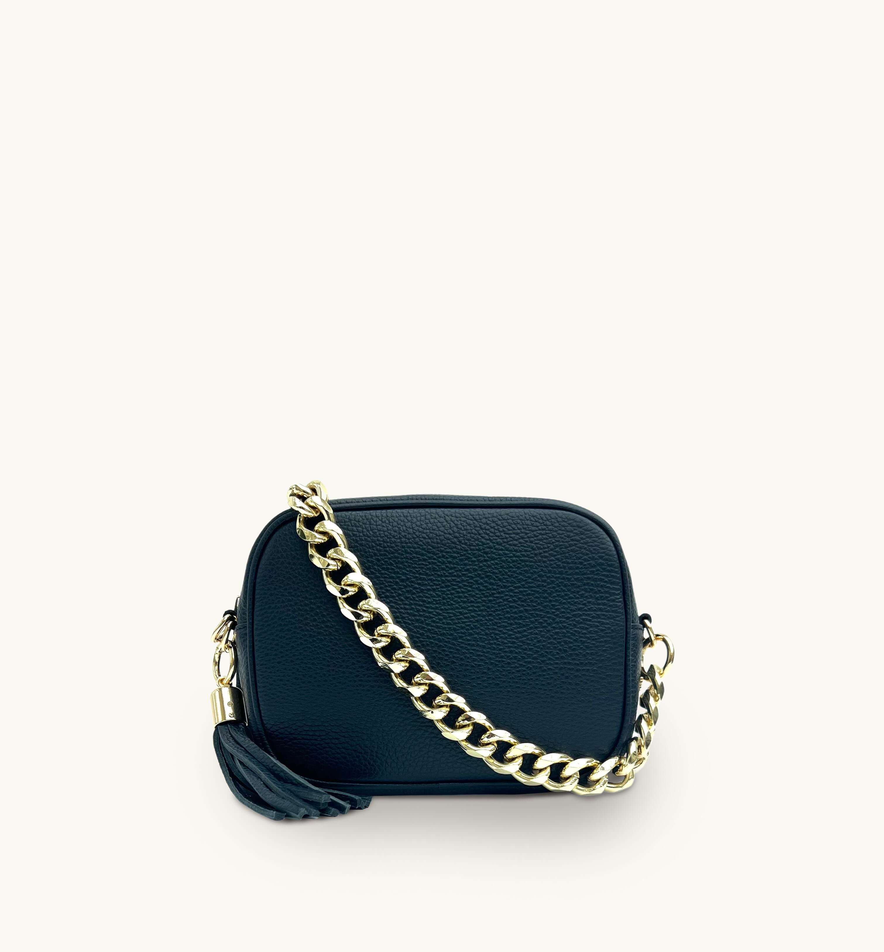 Apatchy London The Tassel Navy Leather Crossbody Bag With Gold Chain Strap