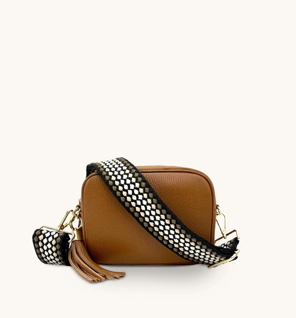 Apatchy London The Tassel Tan Leather Crossbody Bag With Cappuccino Dots Strap