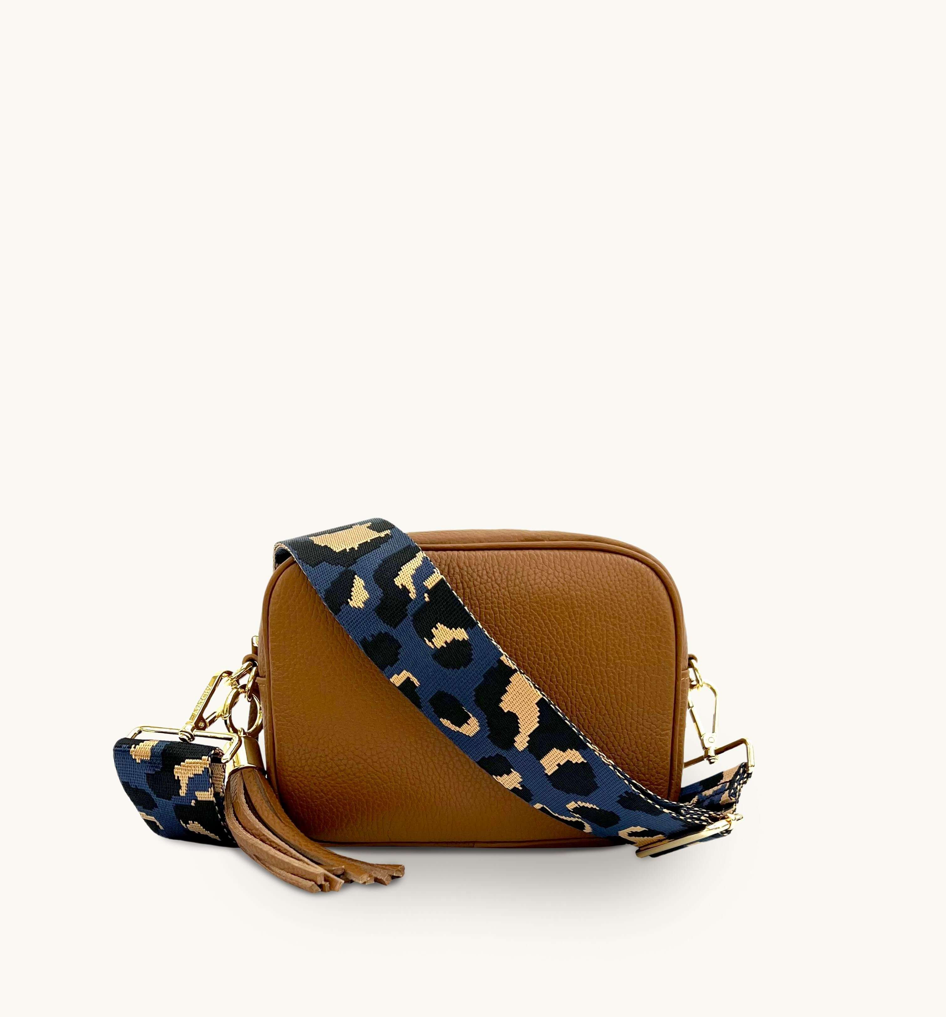 Apatchy London The Tassel Tan Leather Crossbody Bag With Navy Leopard Strap