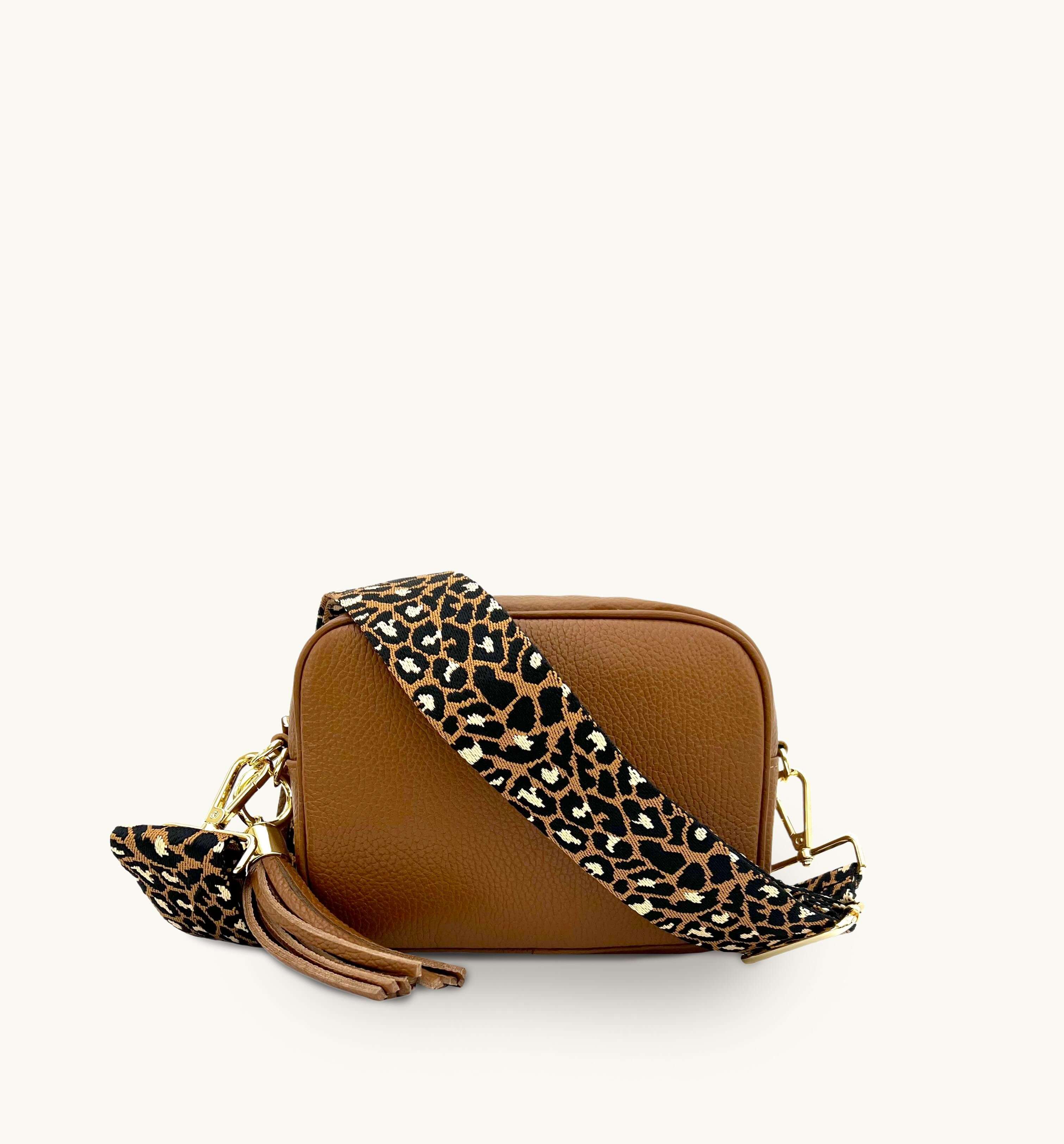 Apatchy London The Tassel Tan Leather Crossbody Bag With Tan Cheetah Strap
