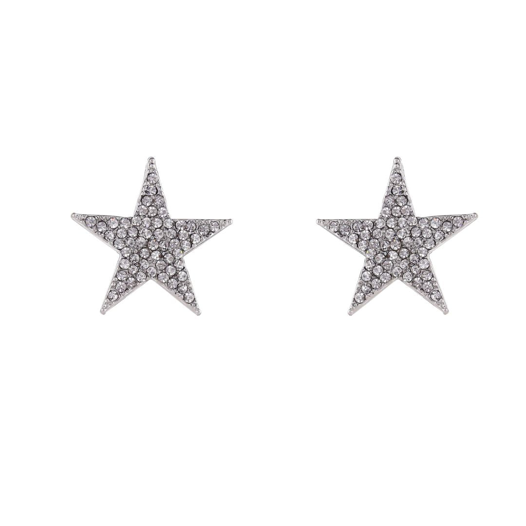 loveRocks Stone Encrusted Star Stud Earrings Silver Tone