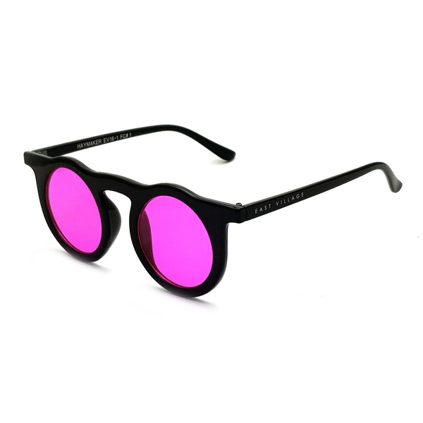 East Village 'Haymaker' Round Sunglasses Black With Pink Lens 