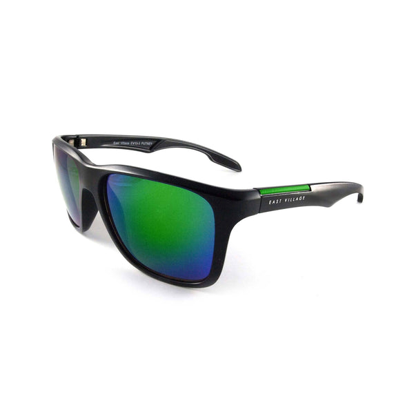 East Village Sporty 'Putney' Square Black Sunglasses with Green Revo Lens 
